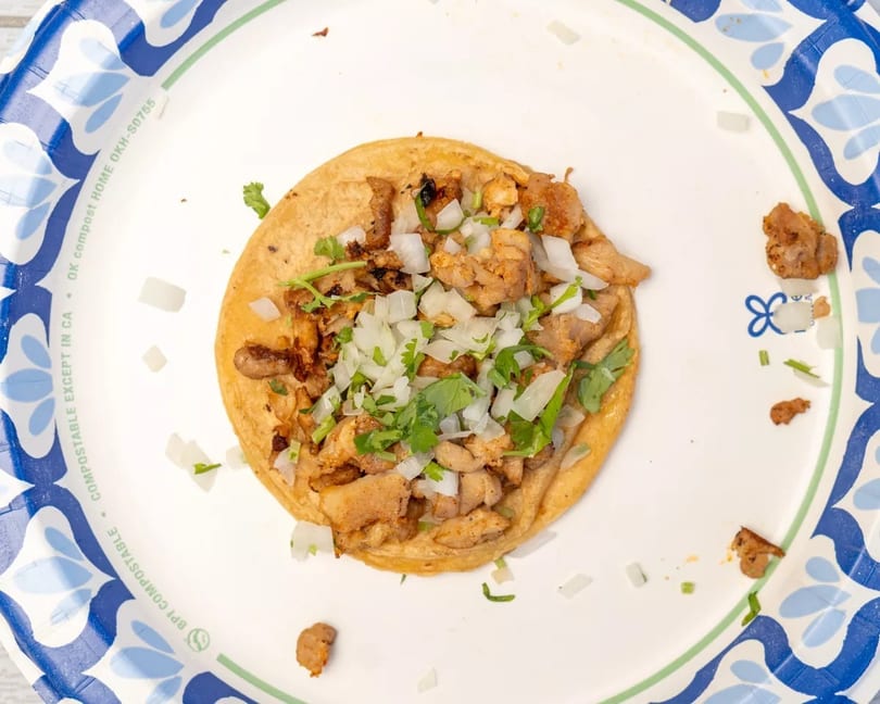 A single chicken taco with diced onions and cilantro on a blue and white paper plate.